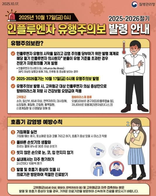 질병관리청 인플루엔자 유행주의보 발령 안내 홍보물