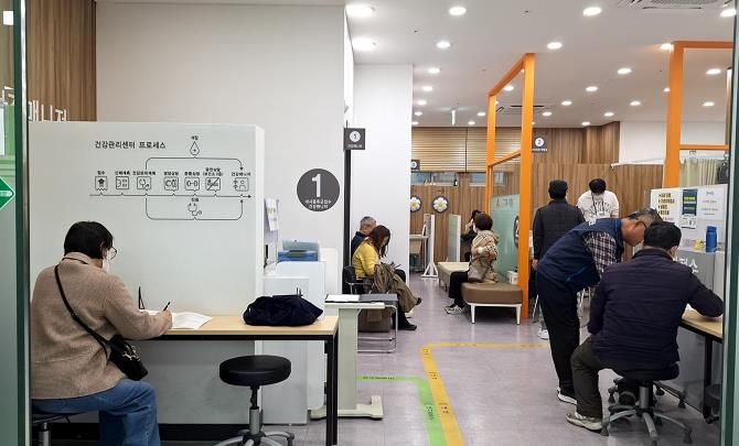 구로구보건소 건강관리센터를 방문한 주민들이 대사증후군 검진과 건강상담을 위해 대기하거나 설문지를 작성하고 있다.