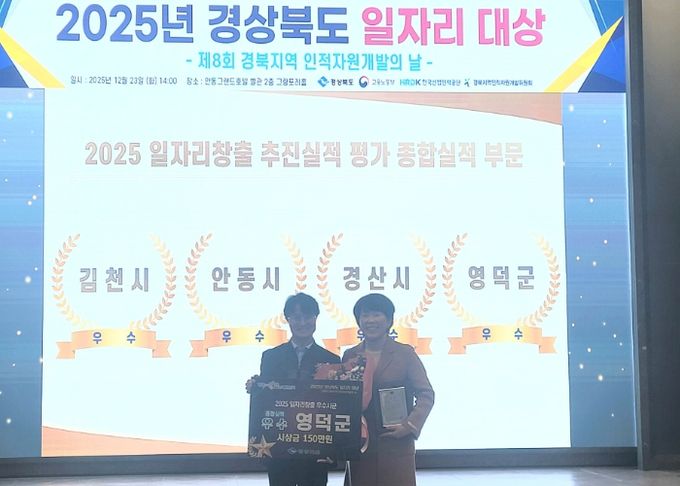 영덕군이 2025 경상북도 일자리 창출 추진 실적 평가에서 우수상을 받았다.