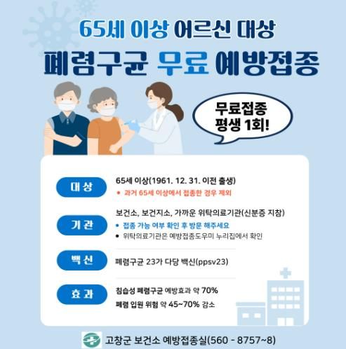 고창군, 65세 이상 폐렴구균 예방접종 무료 실시