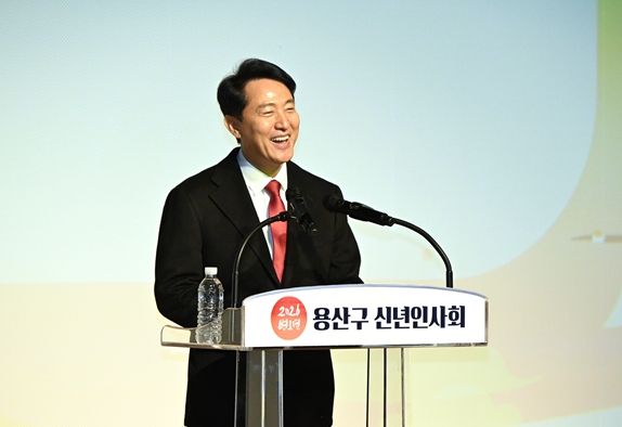 오세훈 서울시장이 23일(금) '2026 용산구 신년인사회'에서 시정 운영방향을 설명하고 있다.