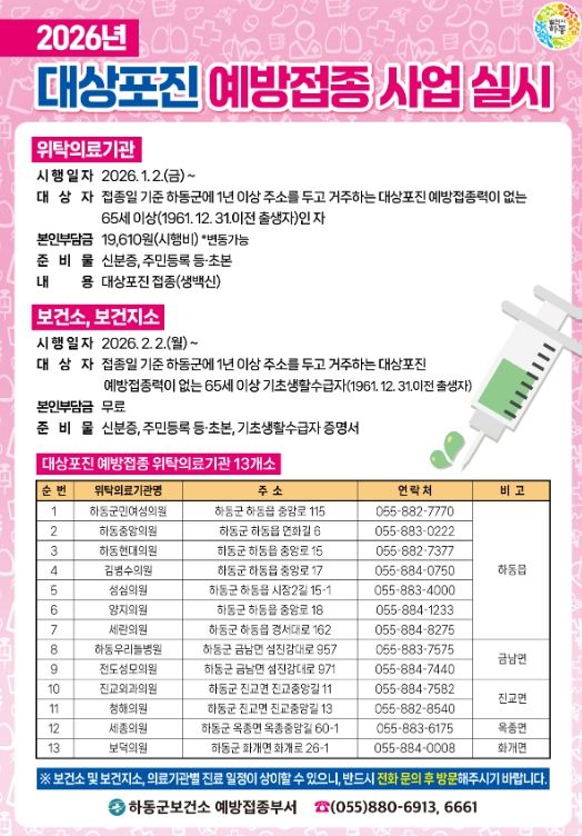 하동군, 대상포진 예방접종 지원 대폭 확대