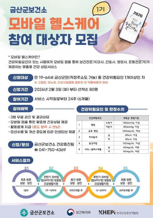 금산군보건소 2026년 모바일 헬스케어 1기 대상자 모집 홍보물